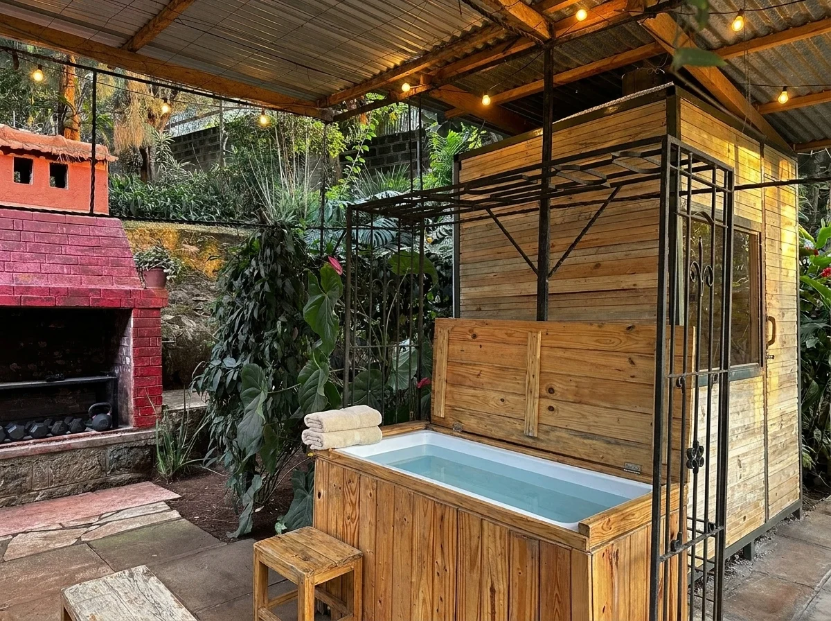 The sauna and cold plunge in the Expand Health Kenya garden